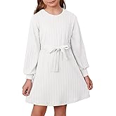 DOKOTOO KIDS Girls Fall Long Sleeve Textured Dress Casual Crewneck Belted A Line Dresses 7-15 Years