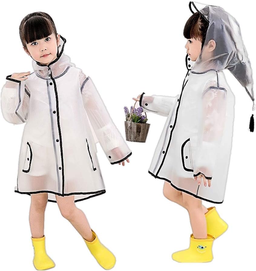 Raincoat Boys Girls Waterproof Rain Jacket Transparent Portable Foldable Eco-Friendly EVA Lightweight Rain Poncho Rain Cape Rain Slicker for 1-10 Years Kids