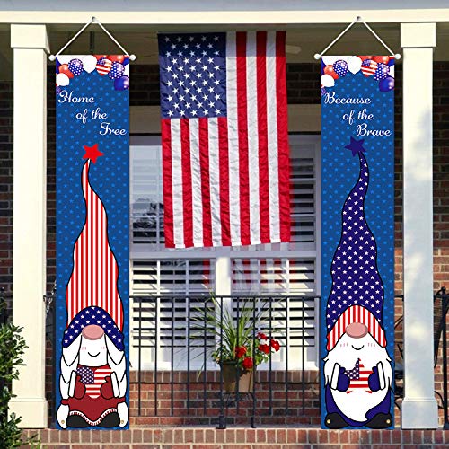 LAUJOY 4th of July Decoration Outdoor - Home of The Free&Because of The Brave Porch Banner American Patriotic Gnome Outdoor Decor for Independence Day, Memorial Day, Party Yard Gate 2Pcs