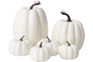 Oyydecor 6Pcs Assorted Sizes Artificial Pumpkins Decoration Harvest Fall White Pumpkins Fake Foam Pumpkins for Fall Autumn Decor Thanksgiving Halloween Decorations (White, 6pcs)