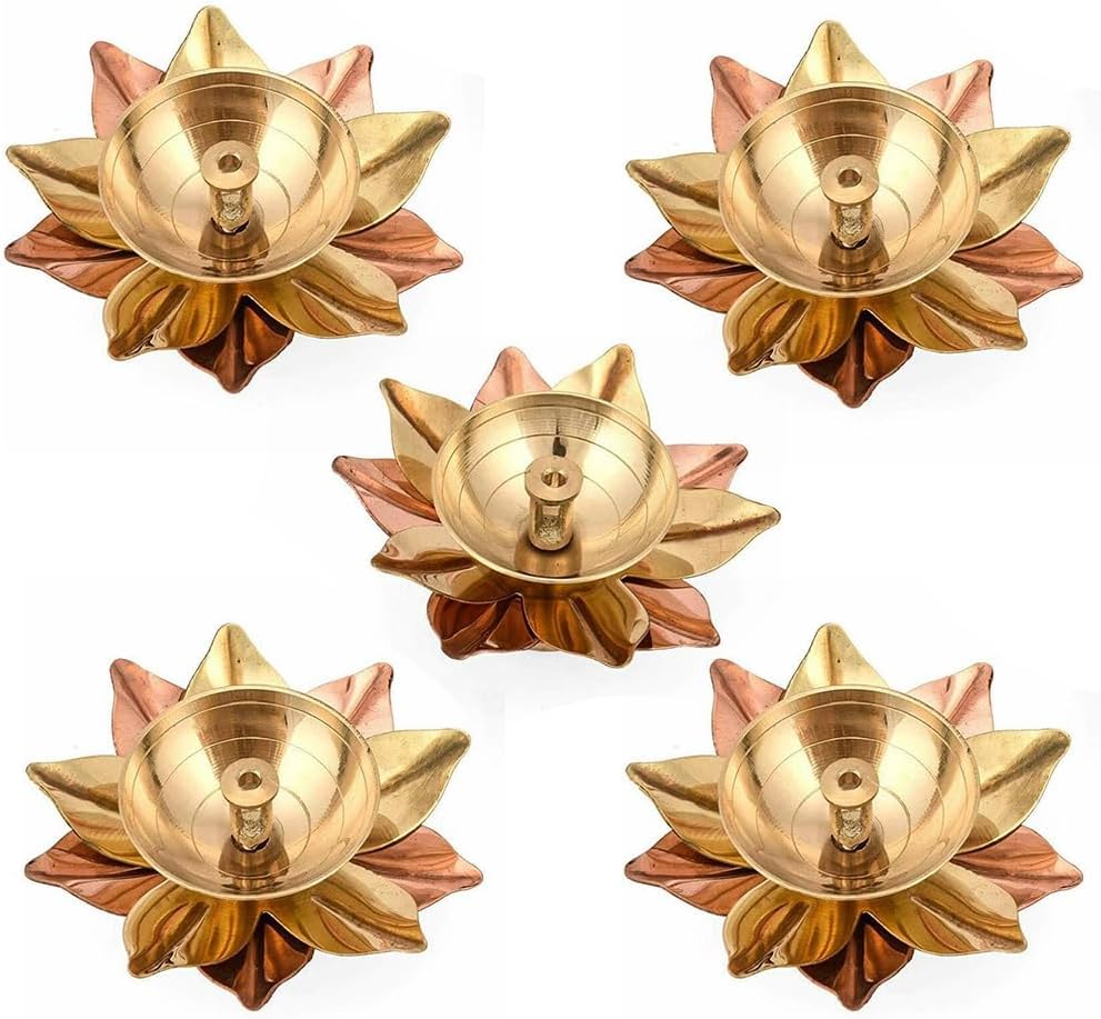 Oil Lamps & Accessories - TIED RIBBONS Set of 5 Lotus Shape Brass Diyas for Pooja & Diwali Decorations for Home | Decorative Flower Metal Akhand Diya Oil Lamp | Return Gifts for Housewarming Indian