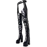 DETOGNI Women's Belted Over The Knee Platform Long Boots Fringes Silver Shine Studs Block Heels Thigh High Boots