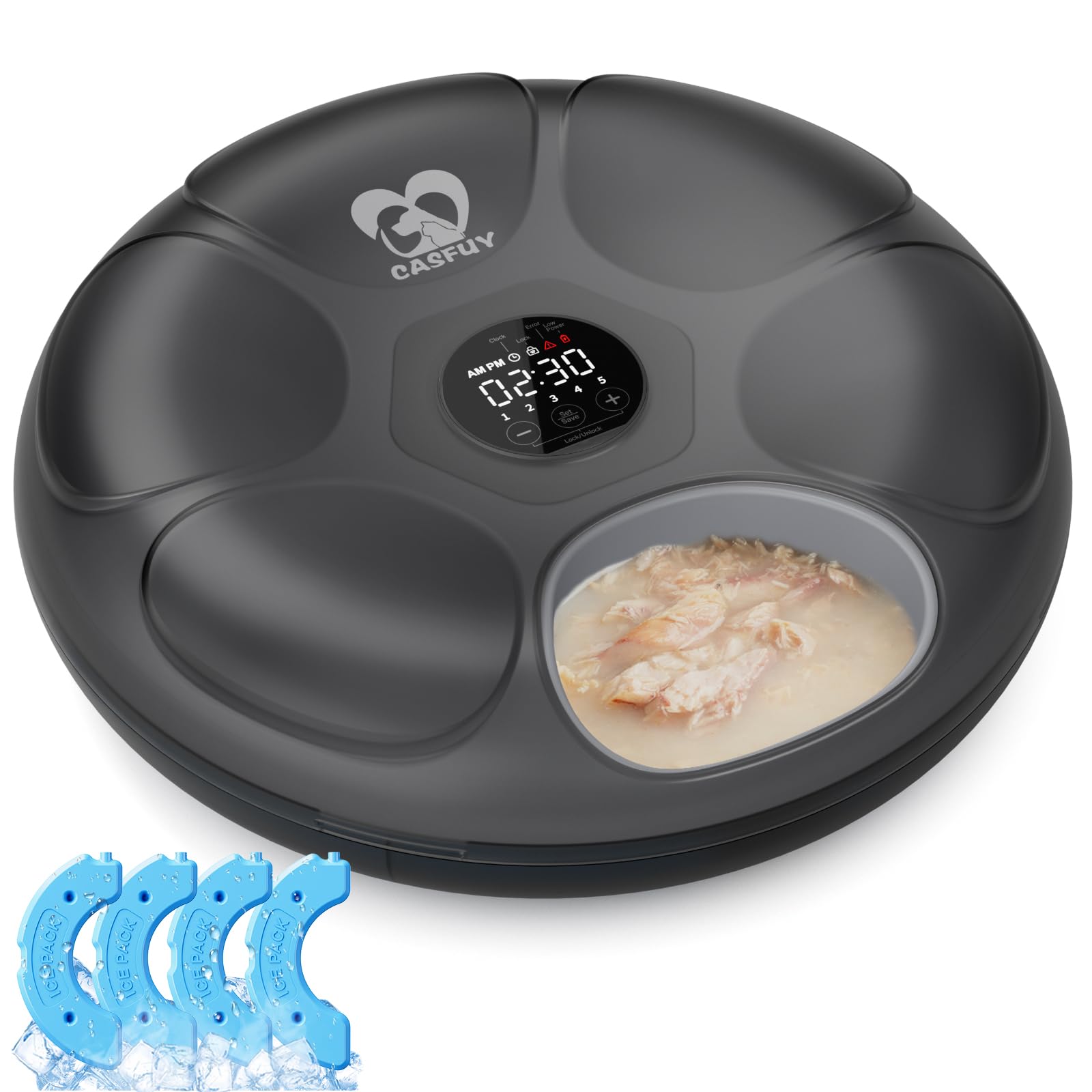 【48時間循環保鮮】Casfuy自動給餌器 猫 - ウェットフード自動餌やり機 用4つのアイスパック付きで食べ物を新鮮に保つキャットおよび小型中型犬用 再充電可能なペットフィーダー6回分の食事 プログラム可能なタイマー 低電池インジケーター付き商品画像