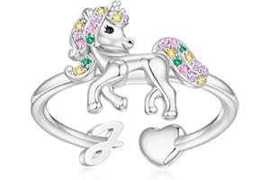 EXQUJEW Unicorn Initial Rings for Teen Girls, Rose Gold/White Gold Plated Heart Initial Rings for Girls Adjustable Stackable Rings for Women Diny Heart Ring for Teen Girls Gifts Unicorns Gifts for Girls