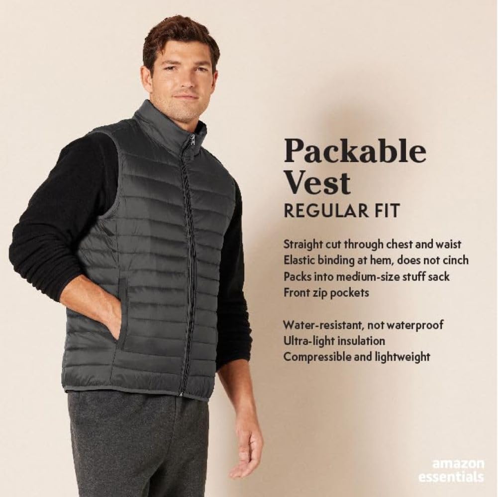 Amazon Essentials Men's Lightweight Water-Resistant Packable Puffer Vest