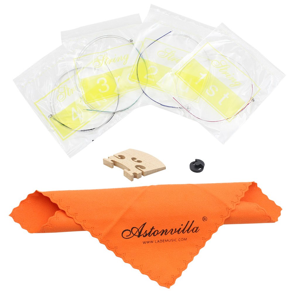 Dilwe 4 in 1 Violin Strings & Rubber Mute & Maple Wood Bridge & Cleaning Cloth Accessories Kit