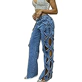 Vaceky Womens Jeans Side Hollow Out Chaps Distressed Baggy Denim Pants with Pockets
