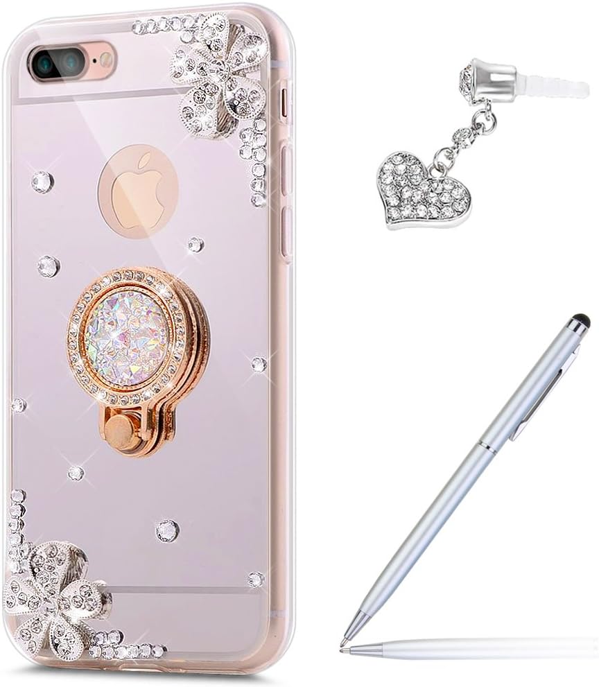 iPhone 8 Plus Case,iPhone 7 Plus Case,ikasus Inlaid Diamond Flowers Rhinestone Diamond Glitter Bling Mirror Back TPU Case with Ring Stand Holder +Touch Pen Dust Plug for iPhone 8 Plus / 7 Plus,Silver