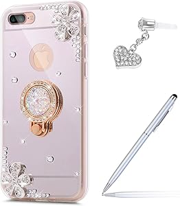iPhone 8 Plus Case,iPhone 7 Plus Case,ikasus Inlaid Diamond Flowers Rhinestone Diamond Glitter Bling Mirror Back TPU Case with Ring Stand Holder +Touch Pen Dust Plug for iPhone 8 Plus / 7 Plus,Silver