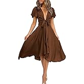 miduo Womens Satin V Neck Ruffle Short Sleeve Tie Front High Waist Midi A-Line Maxi Dresses
