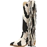 KiutSymo Cowgirl Fringe Boots For Women White Tassels Cowboy Boots Knee High Pointed Toe Western Boots