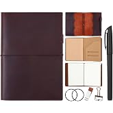 Eaasty Leather A5 Travelers Journal Notebook Cover, Brown | with Inner Pockets, Card Slots, Pen Holder, Travelers Journal Inserts, PVC Folder, Binder Clip and Elastic Band for Women Men
