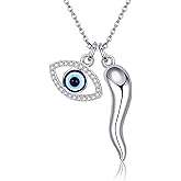 CUPENDA Evil Eye Necklace Sterling Silver Italian Horn/Hamsa Hand Fatima/Lotus Flower Pendant Necklace Third Eye Jewelry for Women
