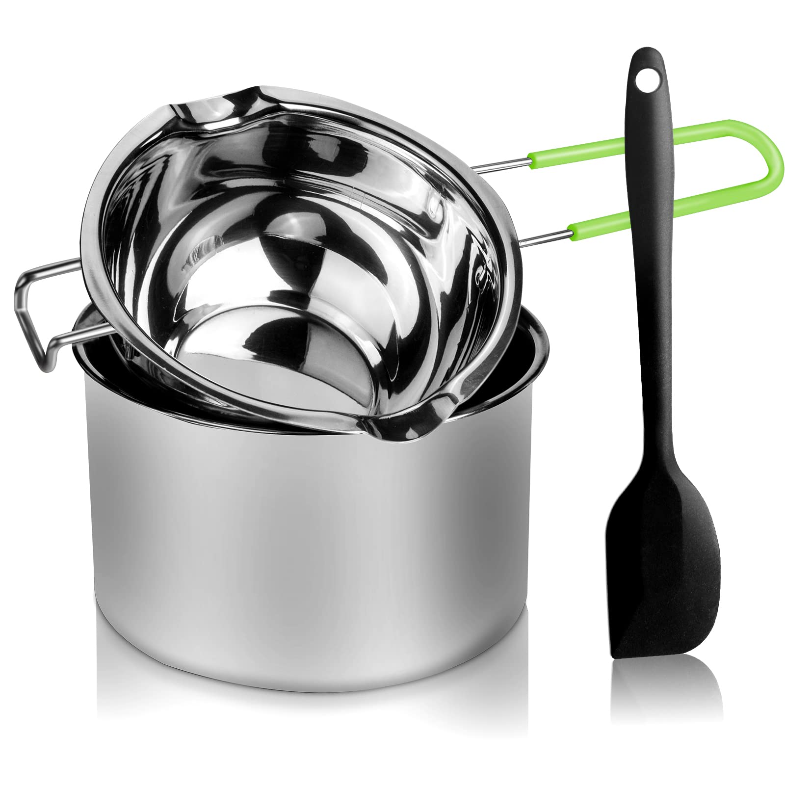 Photo 1 of Double Boiler Pot Set, Stainless Steel Melting Pot with Silicone Spatula for Melting Chocolate, Soap, Wax, Candle Making (600ml and 1600ml,Green)