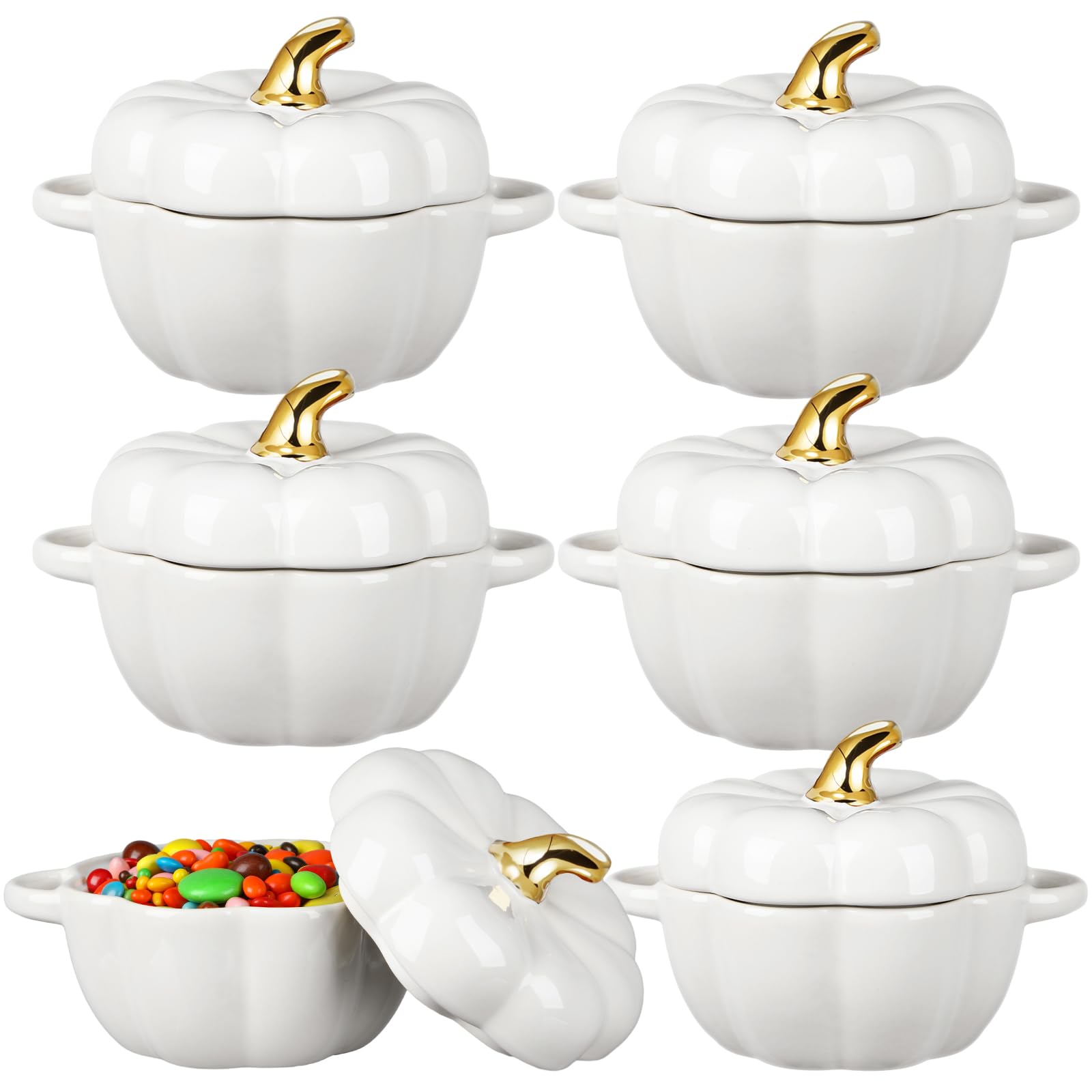 Photo 1 of Yaomiao 6 Pcs Pumpkin Ceramic Bowl 15 oz Pumpkin Soup Bowl Pumpkin Shape Storage Jar with Lid and Handles for Home Halloween Party Kitchen Tableware(White)