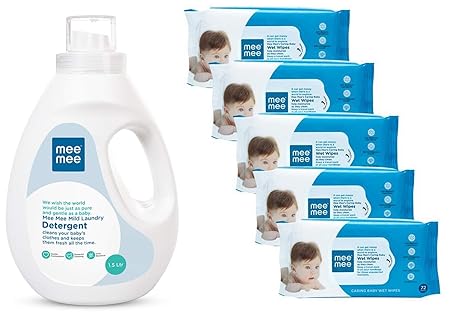 Mee Mee Mild Baby Liquid Laundry Detergent, 1.5L & Caring Baby Wet Wipes, Aloe Vera, 72 Pieces (Pack of 5) Combo