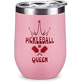 12oz Pink Women Pickleball Stemless Wine Tumbler, Insulated Stainless Steel Cup, Sports Drinkware with Crown Design,Funny Pickleball Gifts for Mom Players Fans Teammates, Birthday Mother’s Day Gift