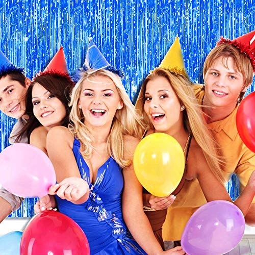 pozzolanas 4 Pack Foil Fringe Curtain Metallic Tinsel Shimmer Party Photo Backdrop Curtains for Birthday, Engagement, Baby Shower, Weddings Party and Celebrations Backdrop Decorations(Blue)
