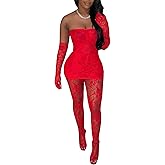 Mojessy Sexy 2 Piece Outfits for Women Clubwear Lace Tube Mini Dress Top with Stockings Set Birthday Outfits