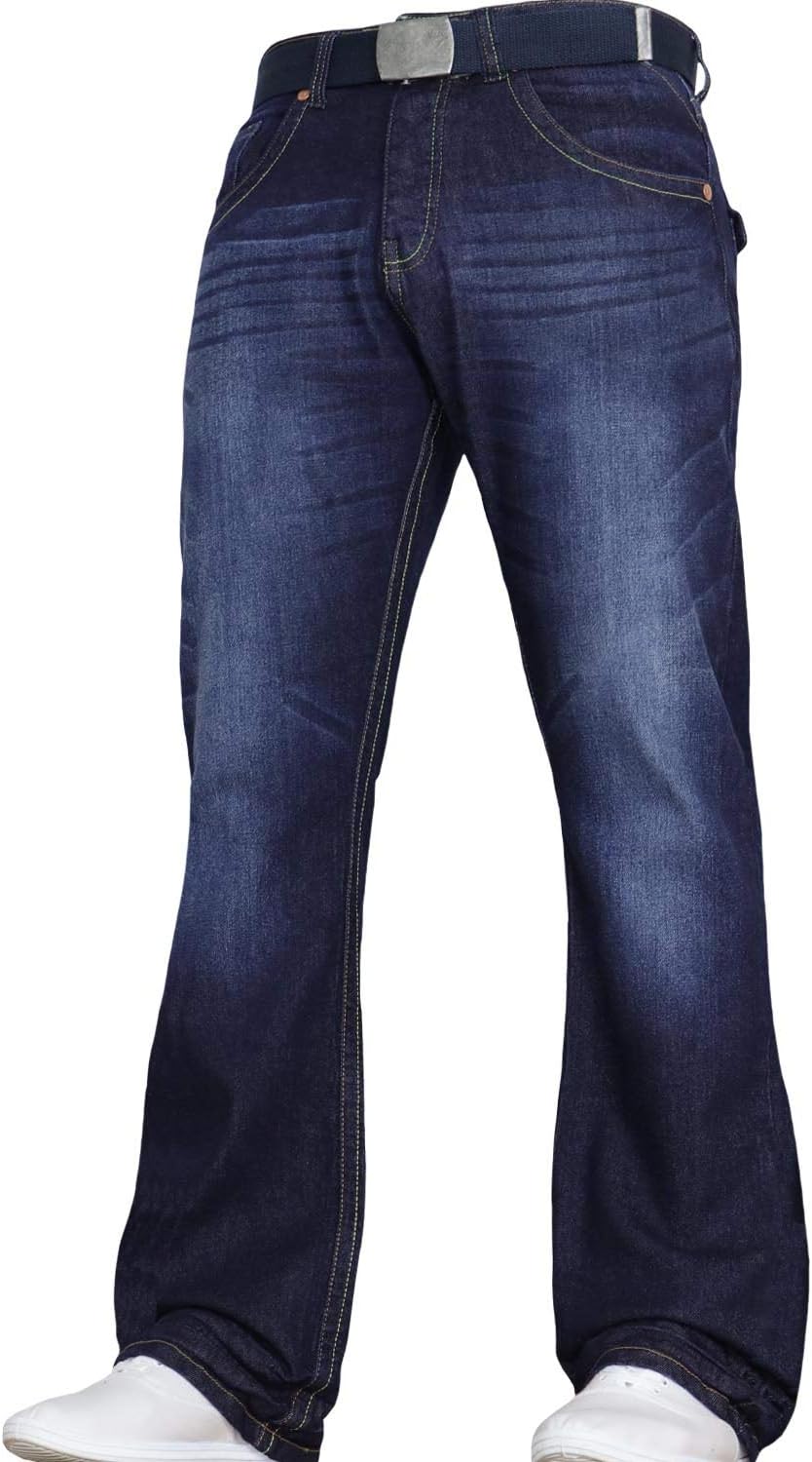 Men's Wide Leg Stretch Bootcut Flared Blue Heavy Denim Jeans with Free Belt by JEANBASE