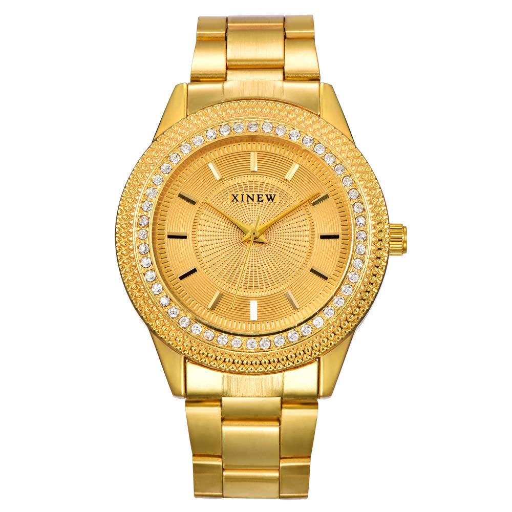 Mixe Mens Gold Watches Diamond Dial Gold Steel Analog Quartz Wrist Watch