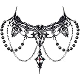 Gothic Cross Black Lace Choker Necklace Imitation Pearl Beaded Chain Tassel Collar Pendant Necklace Adjustable Punk Halloween Costume Accessories Jewelry for Women Lolita Cosplay Party