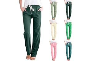 SMIDOW Womens Cotton Linen Pants Casual Drawstring Elastic High Waist Straight Leg Pants Loose Comfy Trousers with Pockets