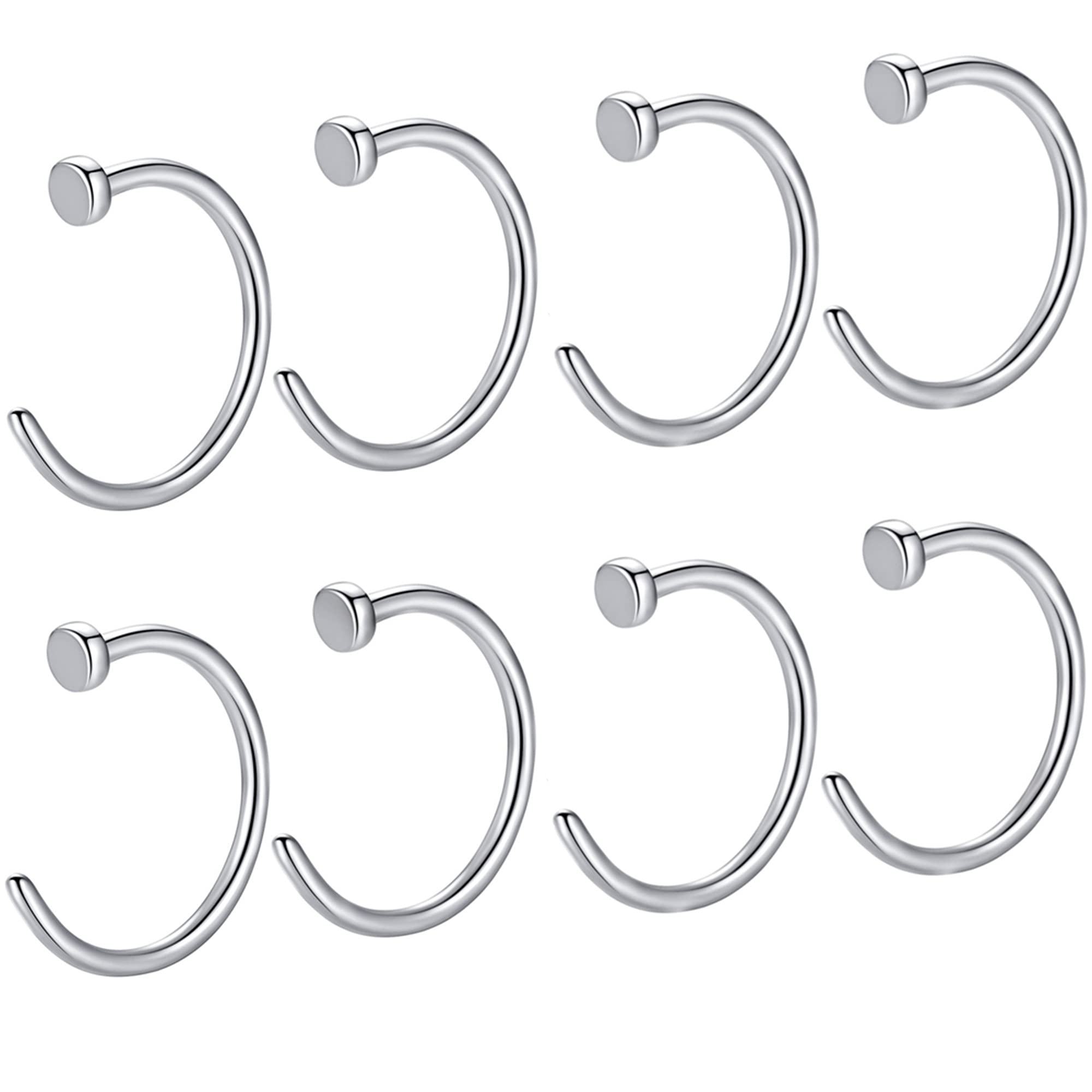 Popuhoops 8pcs 316l Surgical Steel 20g 8mm Faux Fake Open Hoop Nose Rings 20 Gauge 8mm Nostril Piercing Jewelry Silver Stainless Steel Lip Septum Body Jewelry for Women Men