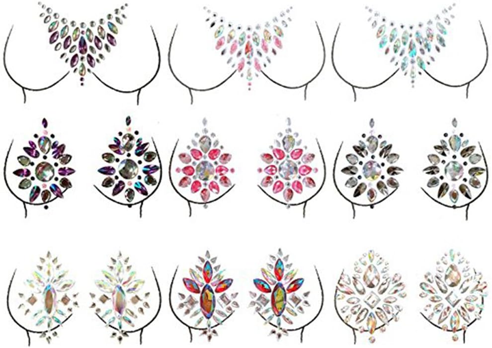 Face Gems,Women Mermaid Rave Festival Glitter, Rhinestone Temporary Tattoo Face Jewels Crystals Face Stickers Eyebrow Face Body Jewelry(Breast Jewels Gems) (9 Set)