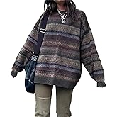 Women Y2K Argyle Striped Pullover Sweater Casual Long Sleeve Round Neck Vintage Preppy Style Pullover Knitwear