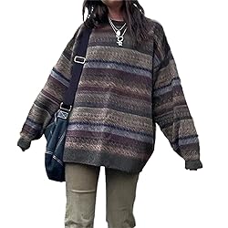 Women Y2K Argyle Striped Pullover Sweater Casual