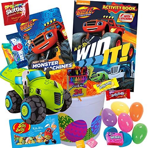 Blaze and the Monster Machines Easter Basket - Includes 19 Pieces - Blaze Basket with Easter Eggs Candy Monster Machines Coloring Activity Books Crayons Jelly Beans and White Basket with Easter Grass