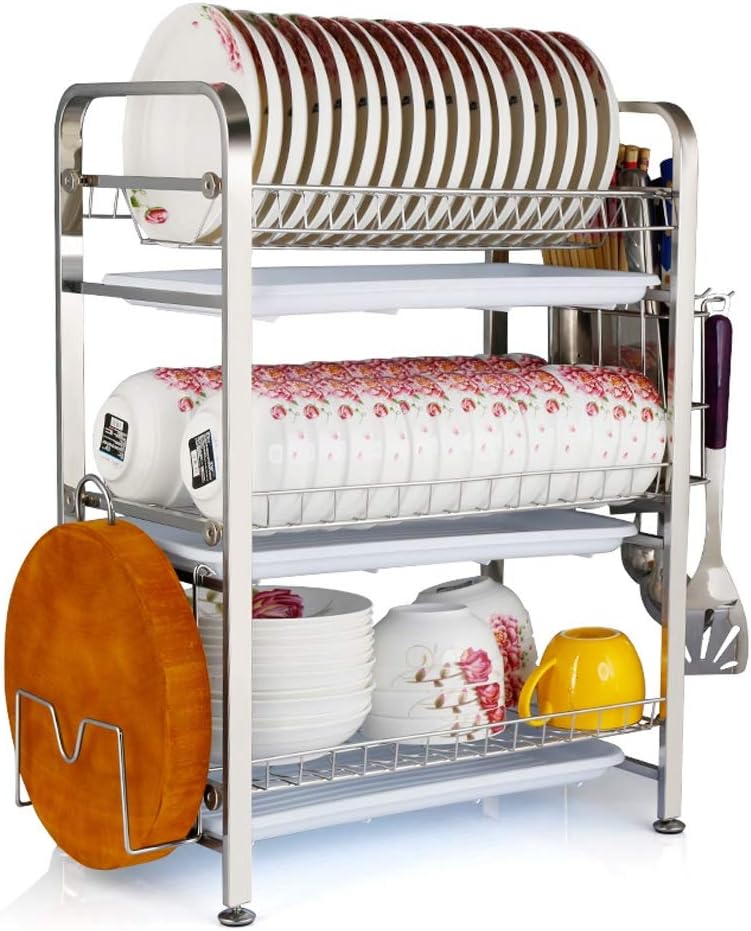 3-Tier Dish Drainers Drying Rack, 304 Stainless Steel Kitchen Storage Organization Shlef with Chopsticks Cutting Board Holder, Bakeware Organiser (Color : 3 Tier, Size : 45x27.5x61cm)