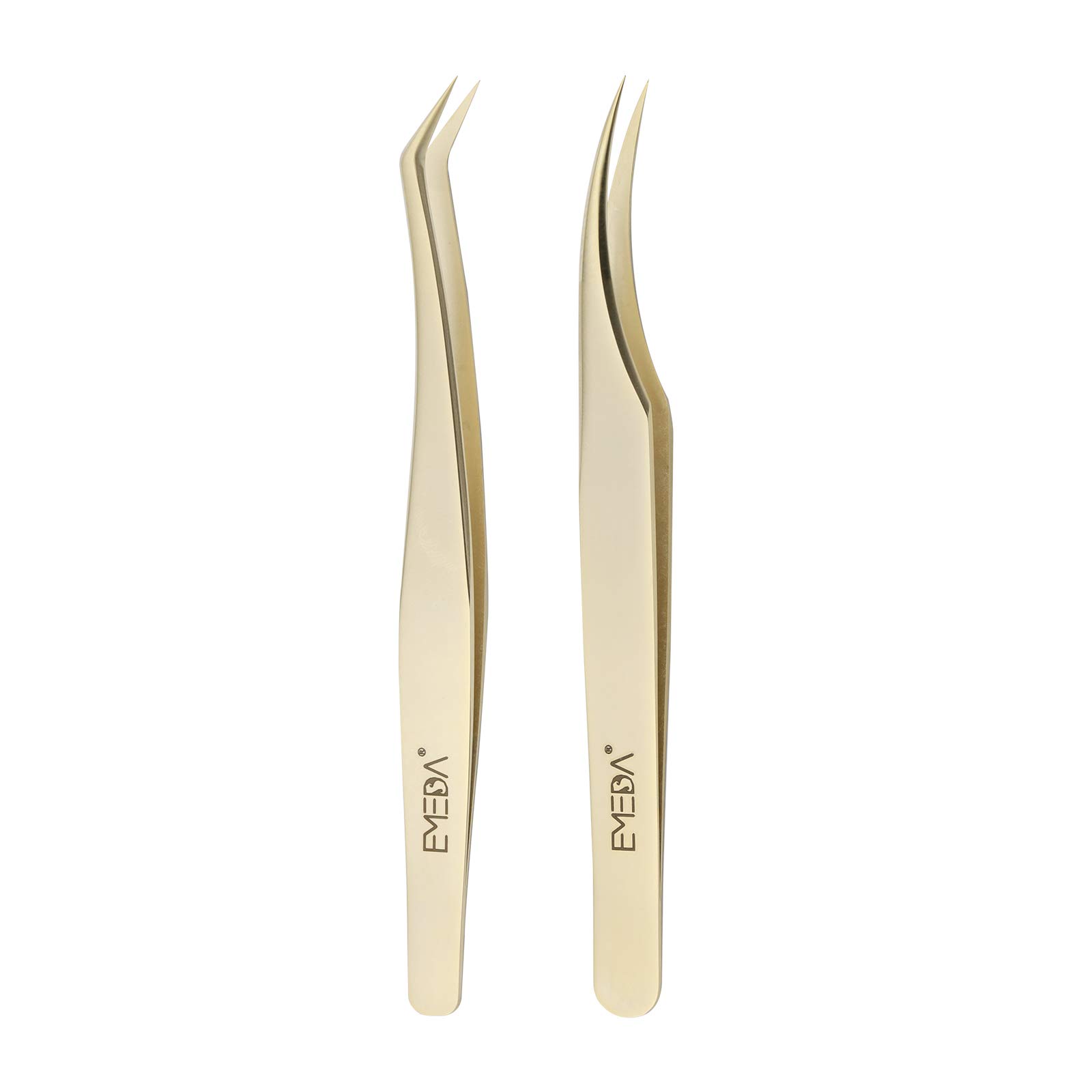 EMEDA Professional Golden Precision Lash Extension Tweezers - 2 Pcs Individual Eyelash Tweezers Set for 3D 5D 6D Volume Lash Extensions