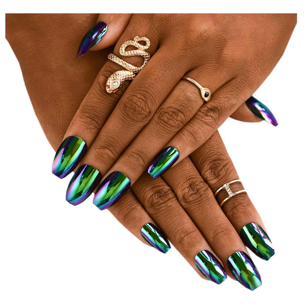 Amazon Com Fstrend Fashion Glossy Fake Nails Mirror Reflection Bright False Nails Green Coffin Long Full Cover Acrylic Punk Clip On Nails For Women And Girls 24pcs Beauty