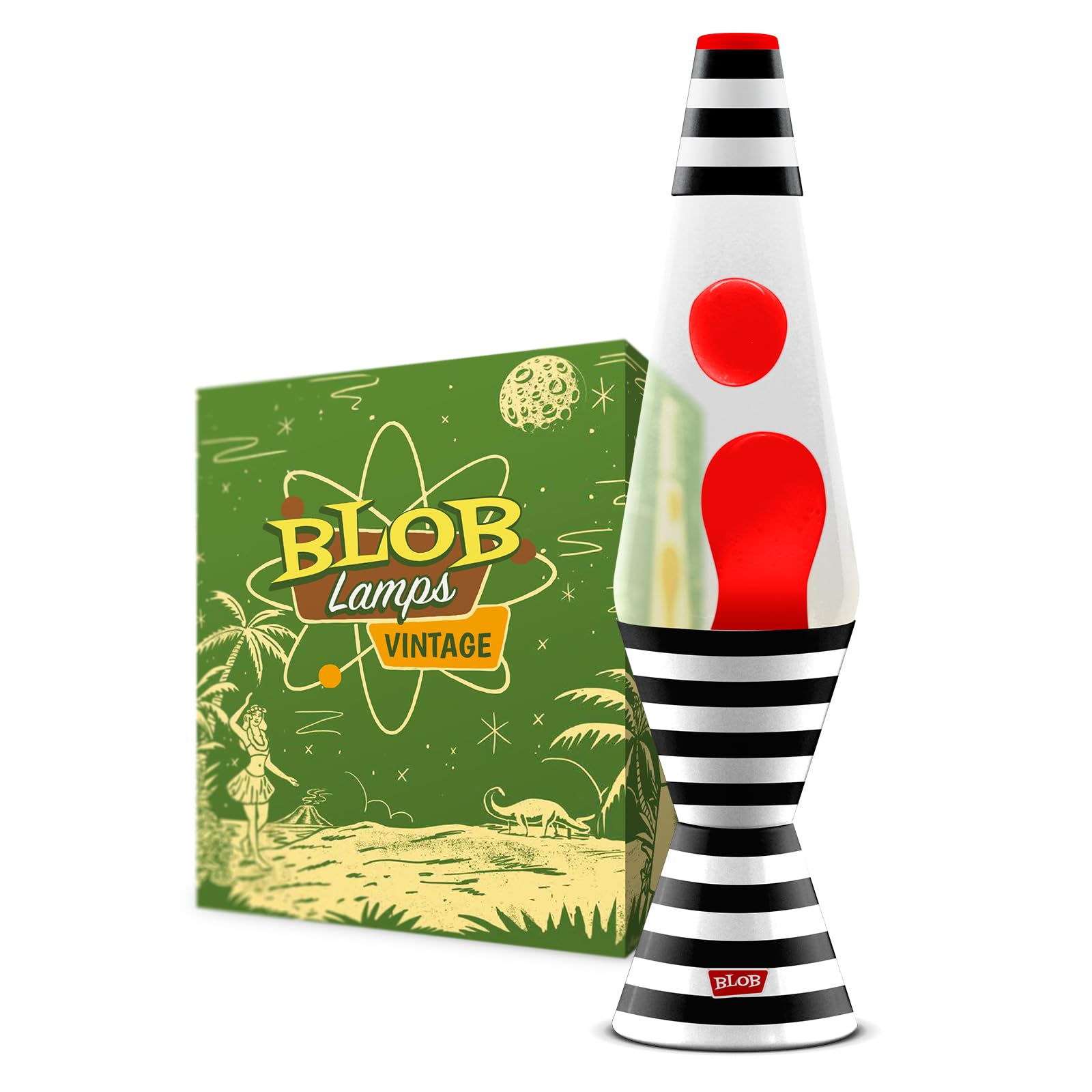 Blob Lamps® Stripy Liquid Motion Lamp ‘Bullseye’ Vintage Black & White Striped Metal Base & Cap Red Wax Clear Liquid 14.5” Mood Light Lamp