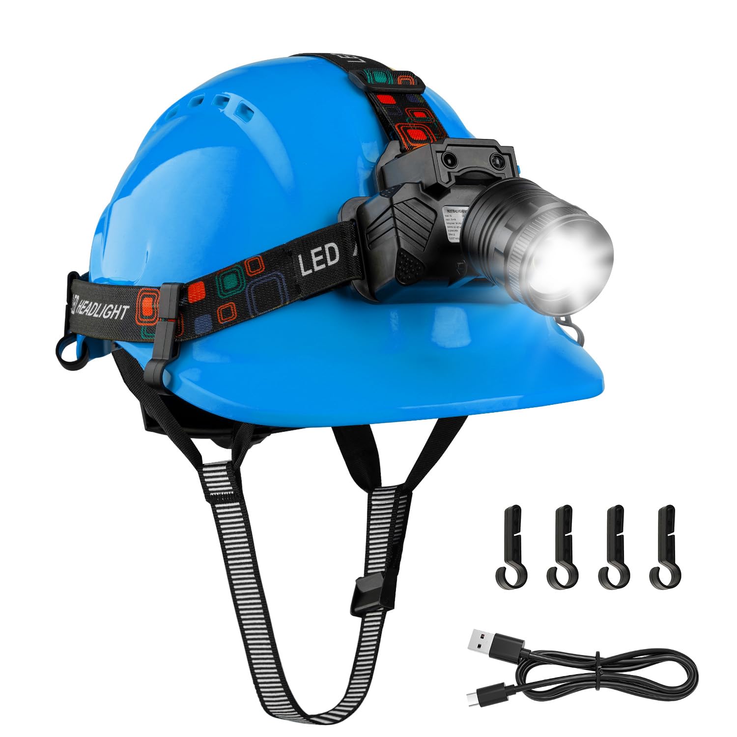 Mustbau Hard Hat with Head Torch Safety Helmet with Sensor LED Headlight,Adjustable Vented Hardhats and Rechargeable Headlamp Set EN397 for Construction Worker-Blue