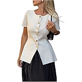 GORGLITTER Women's Short Sleeve Sweater Button Down Crew Neck Knit Cardigans Fashion Business Casual Outfits