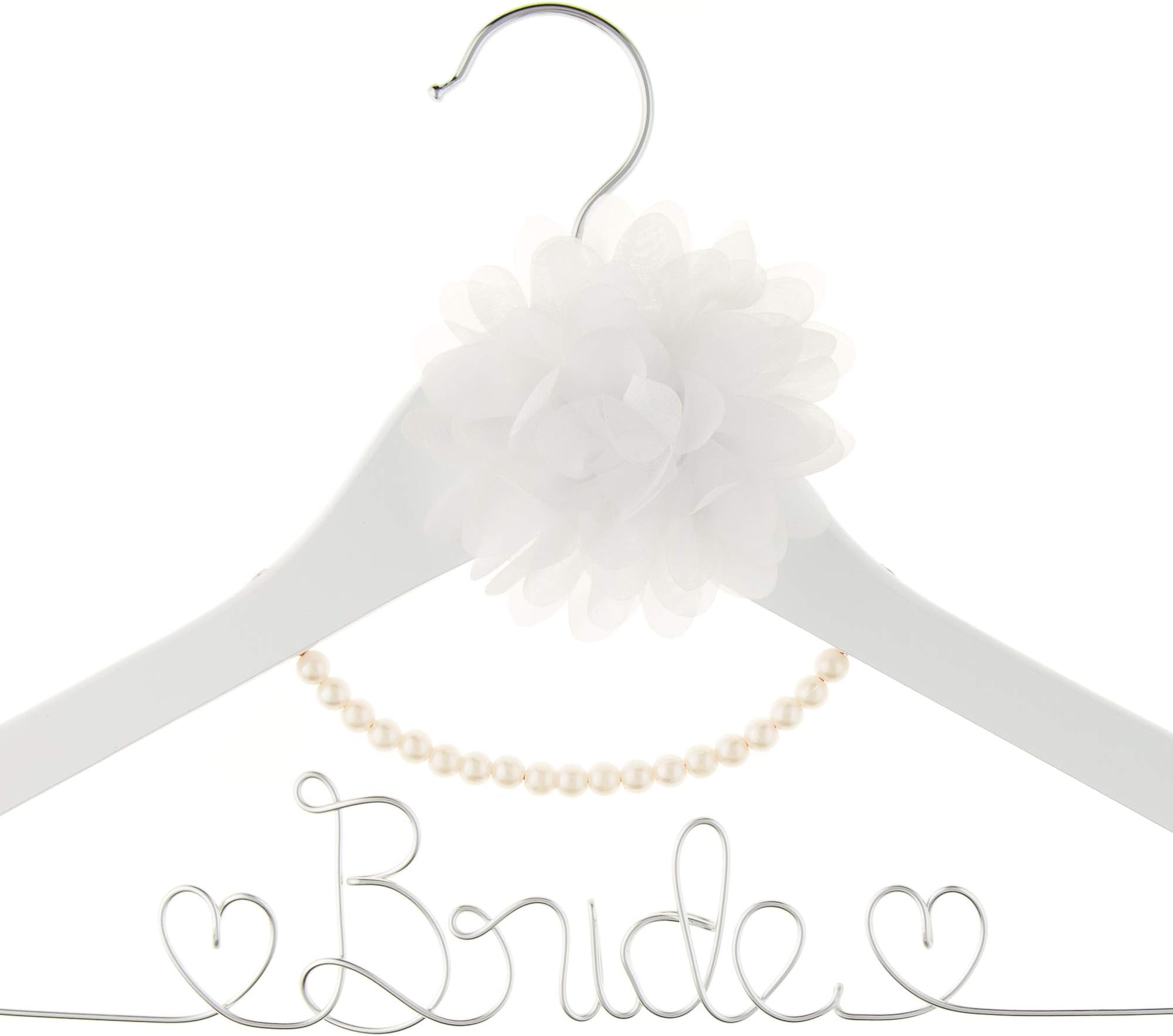 Ella Celebration Bride to Be Wedding Dress Hanger Wooden and Wire Hangers for Brides Gowns, Dresses (White with Silver Wire and Pearls)