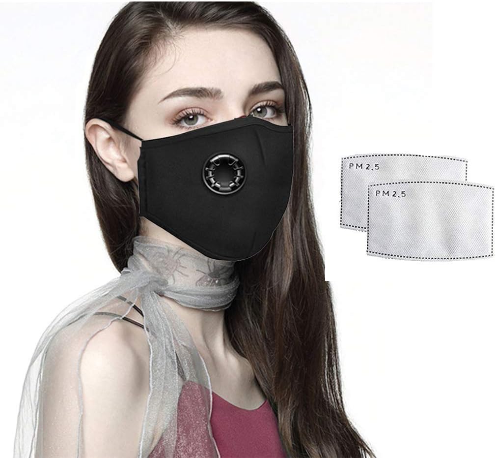Reusable Face Mássk with Filters Breather Valve for Adults w/2Replacement Filters,Dustproof 口罩 Windproof PM2.5 Cotton Masque Mouth Protection for Germs Virüs Coronávirùs Flü (Black)
