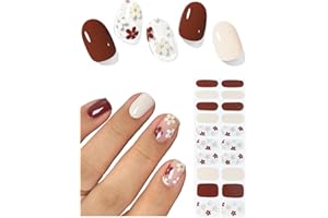 AutyaMee Semi Cured Gel Nail Strips (Autumn Flower), 20 Pcs Gel Nail Wraps, Stickers, Fall, Salon Quality, Works With Any Lamps