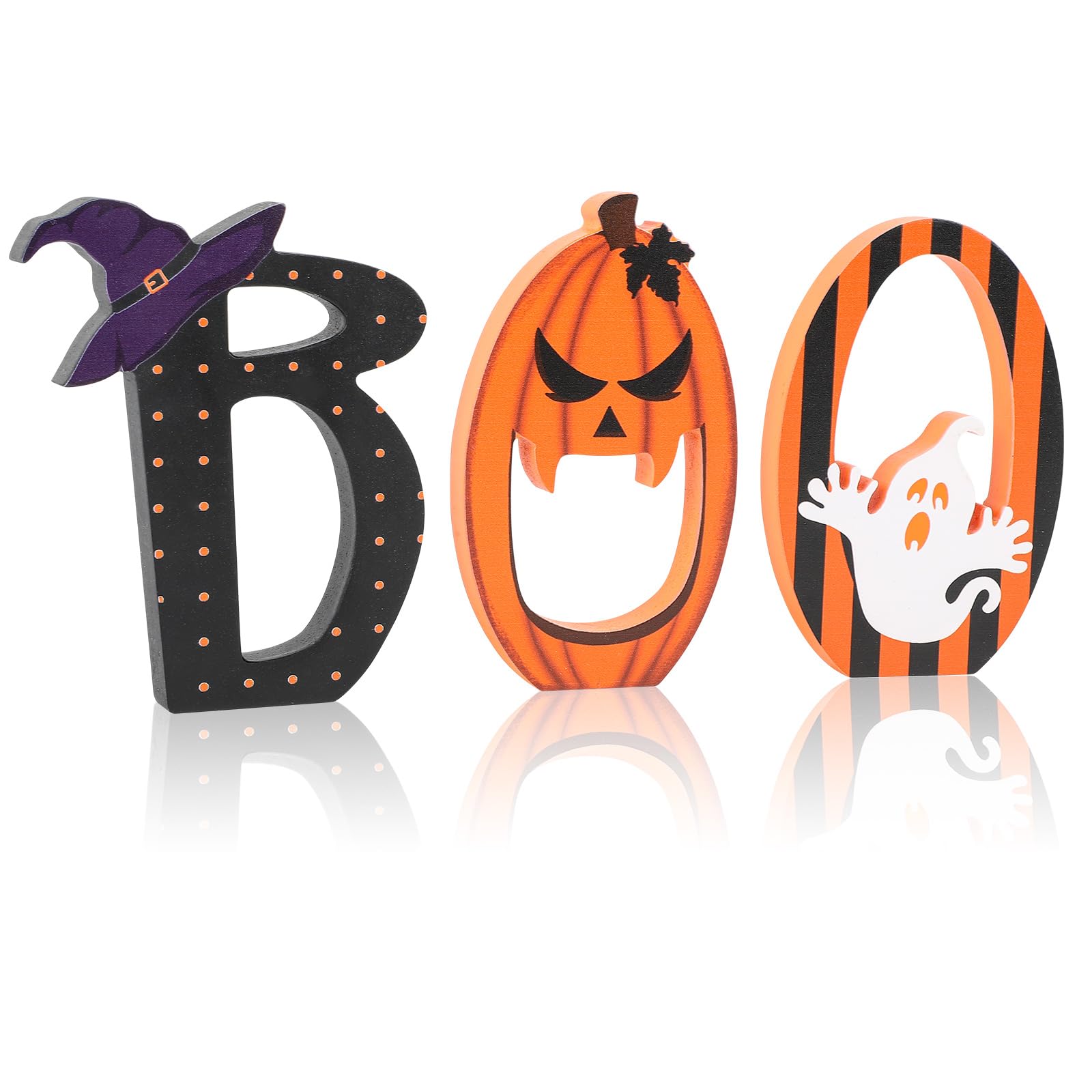 Photo 1 of COCHIE BOO Signs Halloween Table Decorations Indoor, Retro Halloween Black Orange Tiered Tray Decor Set of 3, Wooden Happy BOO Day Decoration Sign for Party Home Shelf Display (Ghost)