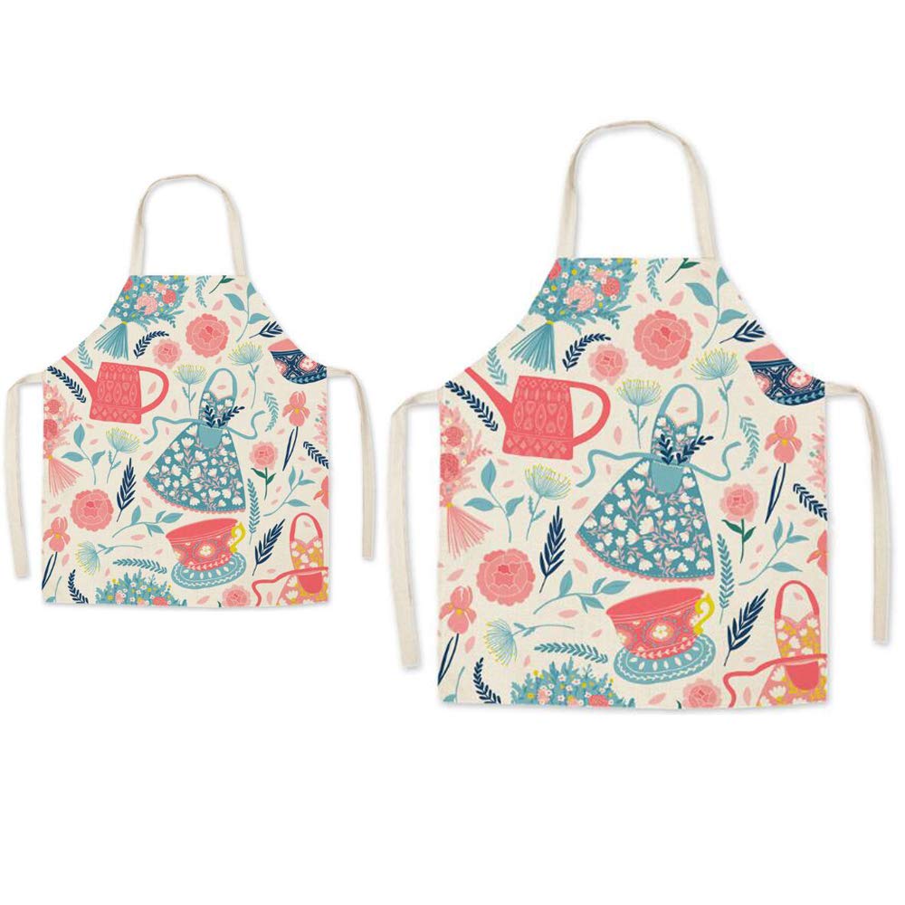 Eyand Apron for Cooking - Linen Kitchen Apron for Mom Kids, Flower (Adult 25.6x30in, Child 17.7x22in, Unisex, Cotton & Linen, Adjustable Neck Strap, Parent-Child Apron)