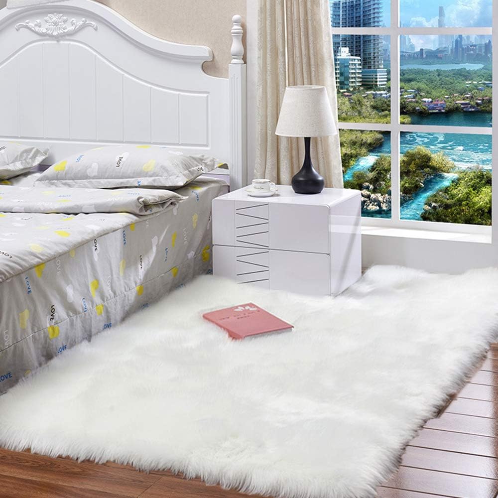 HEBE Fluffy Sheepskin Rugs Faux Fur Area Rug 3x5 Ft White Sheep Skin Fur Rugs for Bedroom Fuzzy Carpet for Living Room Kids Nursery…