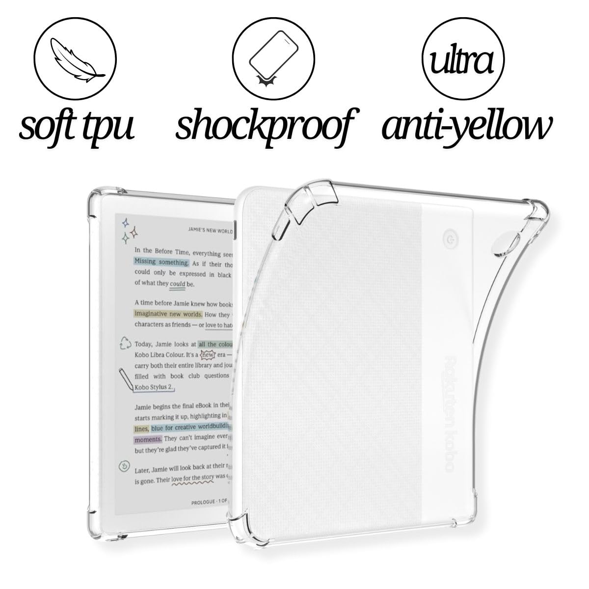 Clear Case for Kobo Libra Colour and Screen Protector, Libra Color Ereader Case E-Reader 7 Inch Reinforced Corners Skin TPU Sleeve 2024 Matte Screen Protection