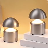 Grinsvalley 2 Pack Mushroom LED Table Lamp, Silver | Cordless Rechargeable Mushroom Night Light Touch Control, Portable Bedside Lamp for Bedroom Living Room, 3.5 X 5.7 Inch