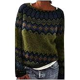 Fair Isle Sweaters for Women Knitted Vintage Argyle Boho Print Pullover Tops Long Sleeve Crewneck Loose Fit Sweater