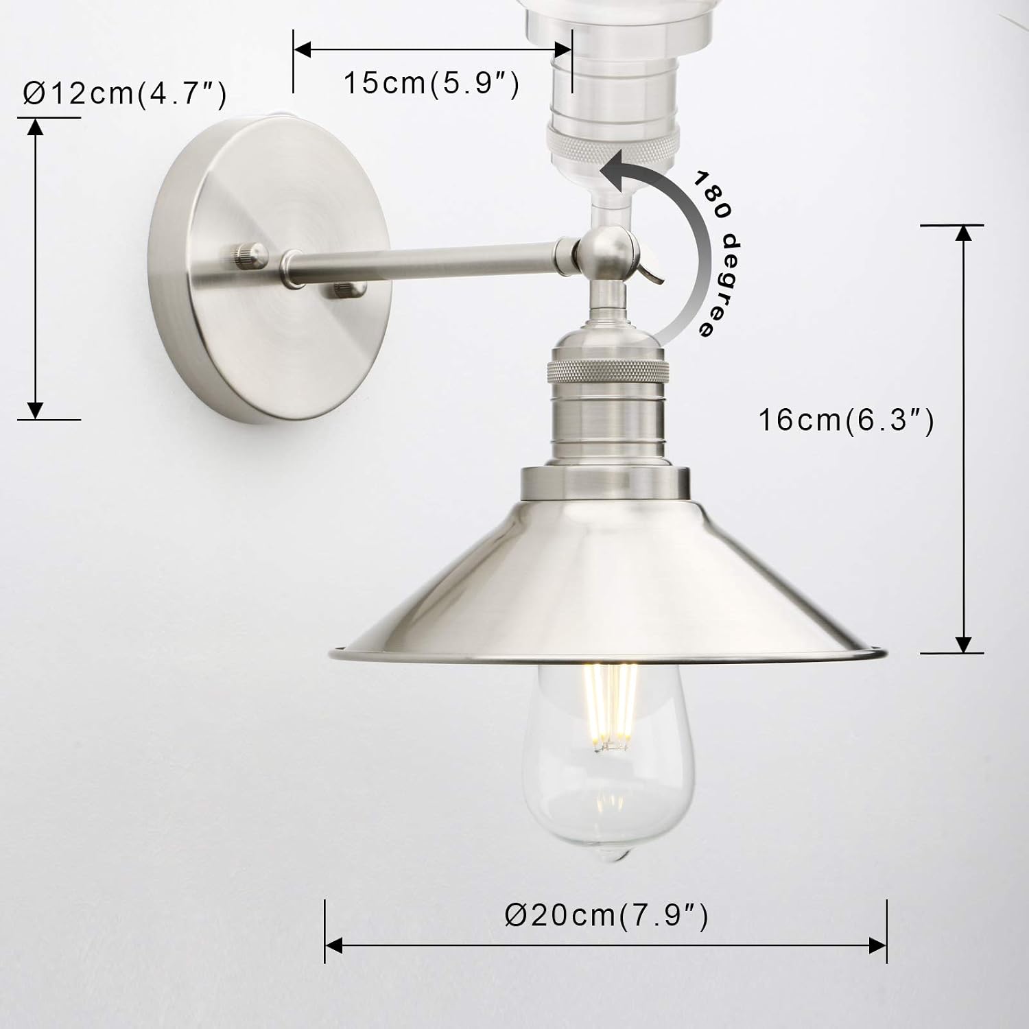 Phansthy Vintage Industrial Metal Wall Lights Shade Indoor Retro Wall Sconce Lighting Wall Lamp Fixture for Vanity Living Room Bedroom Bathroom (Brushed) - Image 5