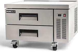 PEAKCOLD 2-Drawer Refrigerated Chef Base, 36" - Commercial Undercounter Fridge with Stainless Steel Drawers, Adjustable Temperature, and Heavy-Duty Casters