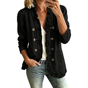 Gouuuia Denim Jacket for Women Ruffle Trim Long Sleeve Button Down Vintage Western Jean Coat V Neck Casual Fall Outerwear